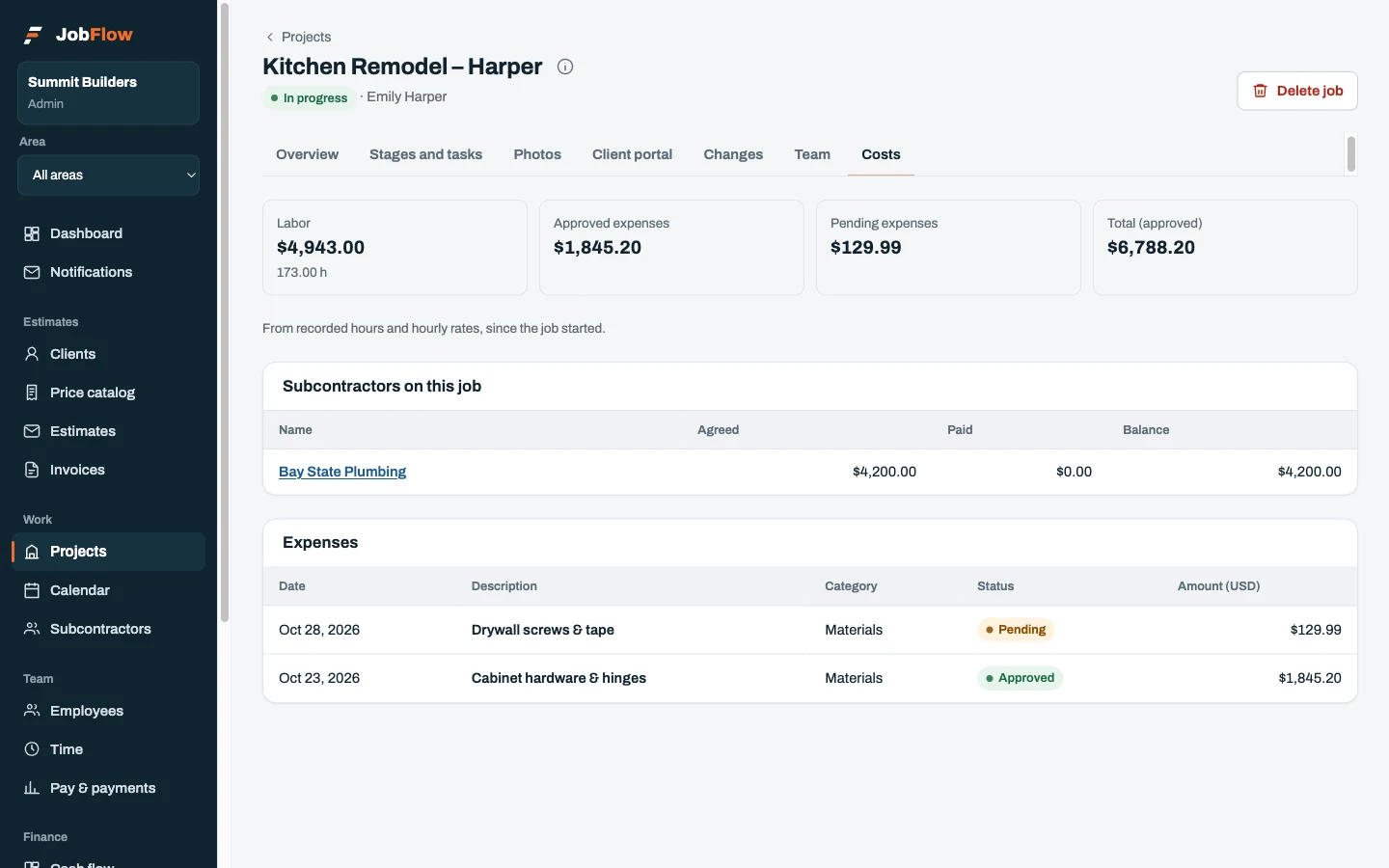 A job's real costs in JobFlow: labor, approved expenses and subcontractors
