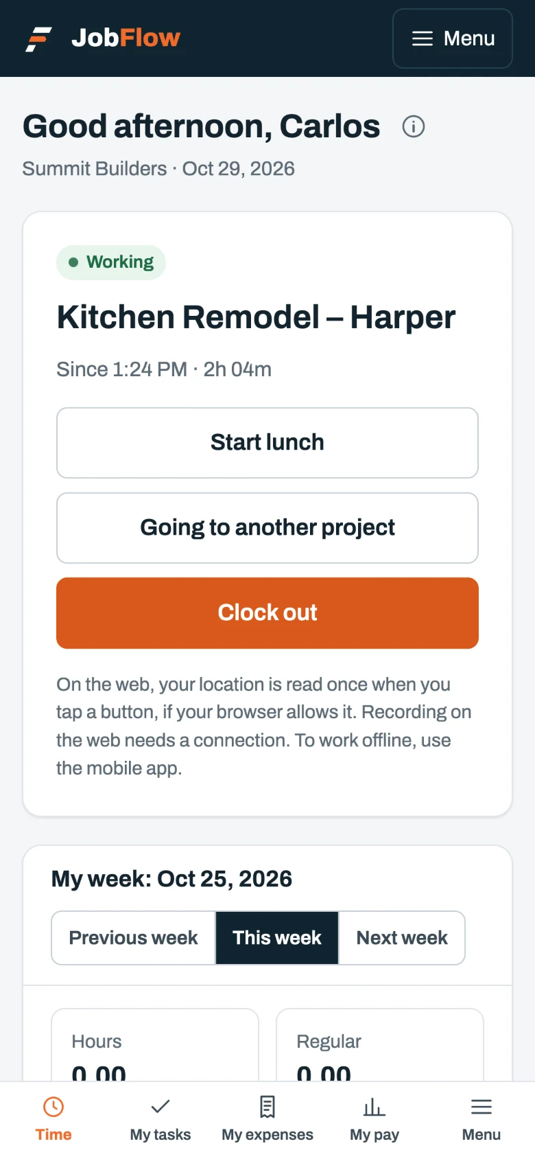 The JobFlow crew app: clocked in on a kitchen remodel, with one big clock-out button