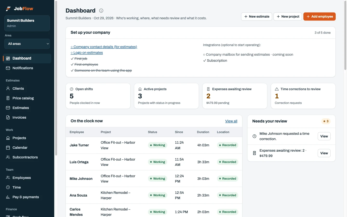 The JobFlow dashboard: who is on the clock, active projects and what needs review