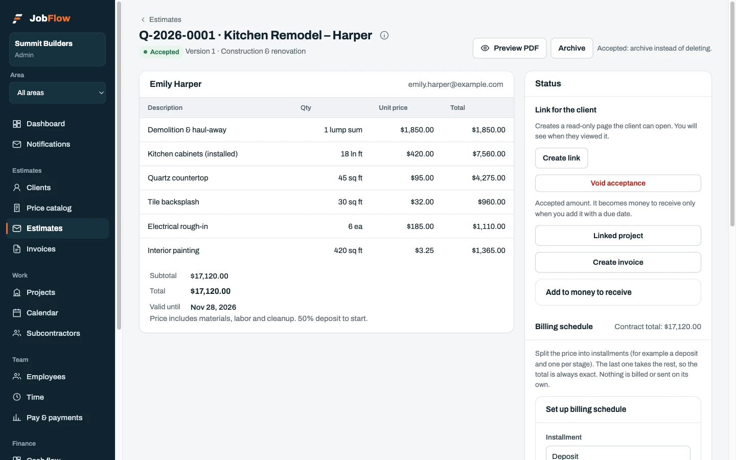 A JobFlow estimate with line items, totals and its approval status