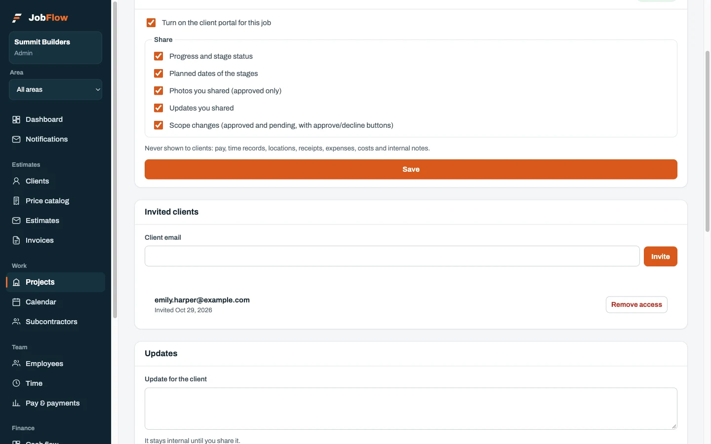 JobFlow client portal settings: choosing what the client can see on a job